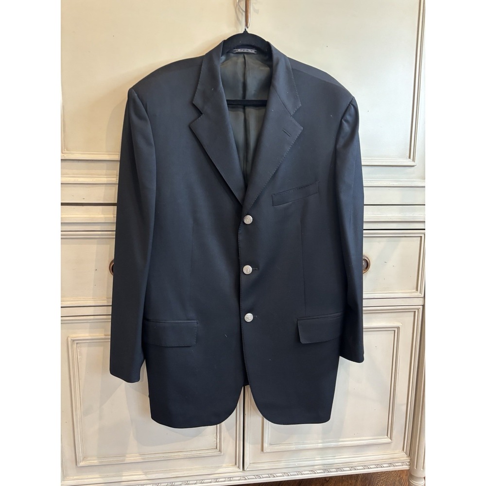 Corneliani Men's Black Suit Jacket Custom IT54, 46R Wool Silver Buttons Italy